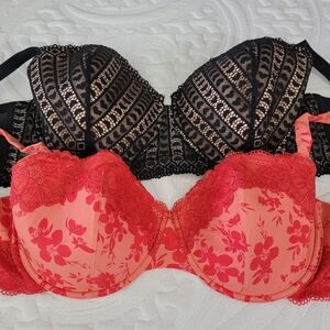 Set Of 2 ADORE ME Lacy Sexy Bras Black Hearts Red Pink Feminine Size 42DDD
